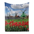 thumbnail image 1 of Windmill Soft Flannel Fleece Blanket, Traditional Dutch Windmills with Red Tulips in Amsterdam Scenic Field Riverscape, Cozy Plush for Indoor and Outdoor Use, 70" x 90", Multicolor, by Ambesonne, 1 of 6