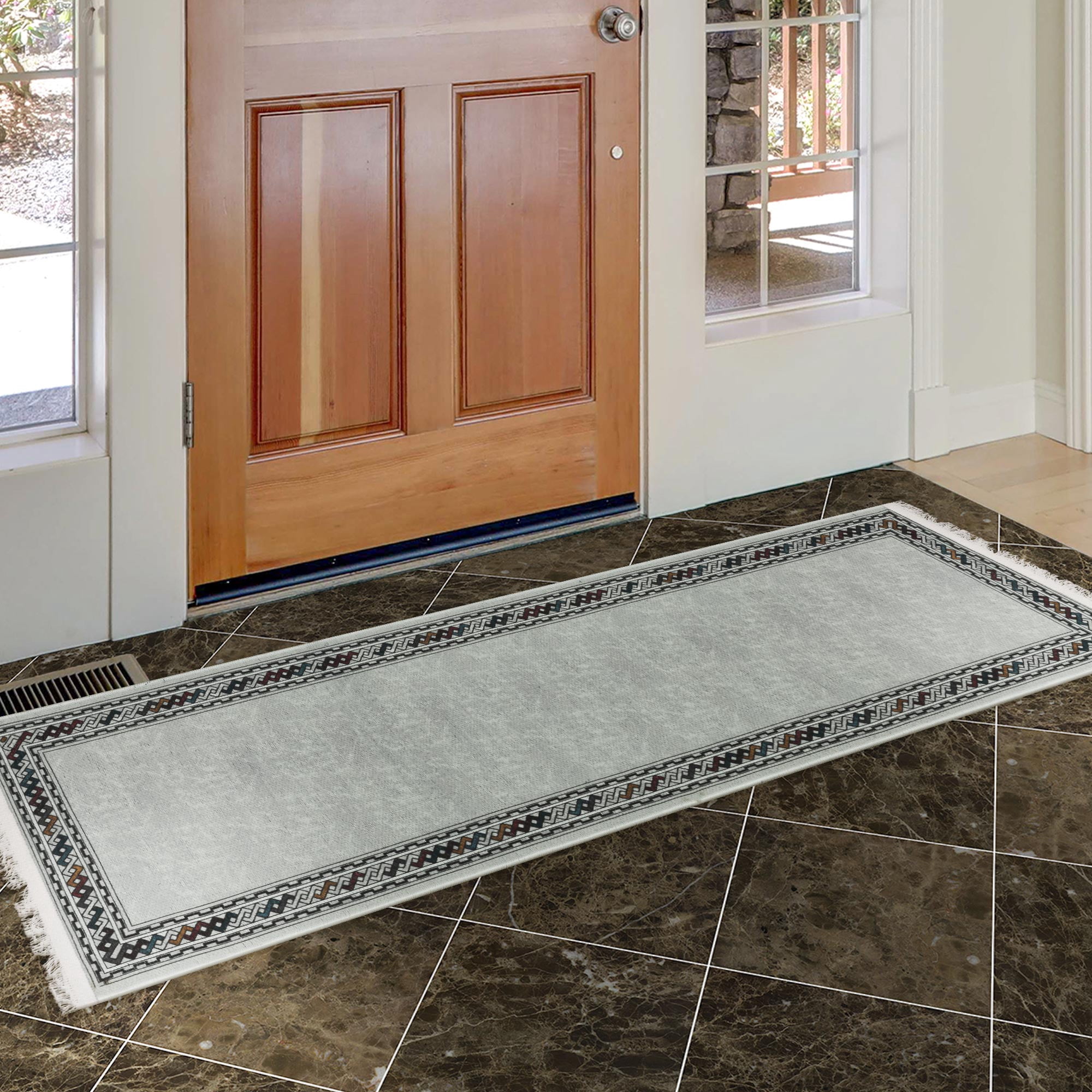 Ottomanson Machine Washable Cotton 2x5 Flatweave Runner Rug for Bedroom, 20" x 59", Light Gray/Multicolor Border