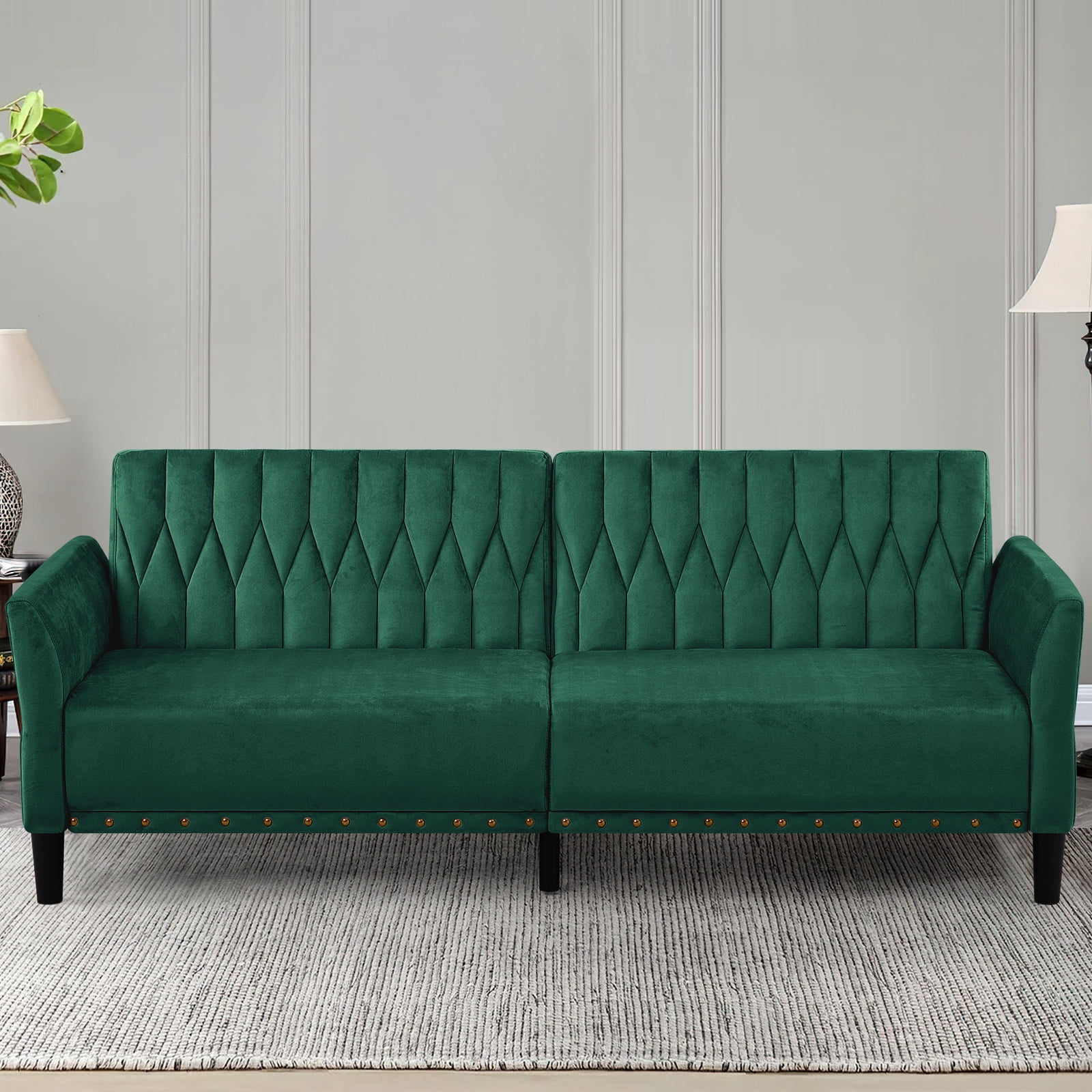 ACMEASE 77 Inches Velvet Sofa Bed w/Adjustable Backrests & Armrests, Tufted Sleeper Sofa Couch w/Nailhead Trim, Convertible Modern Recliner Loveseat for Living Room,Office, Green