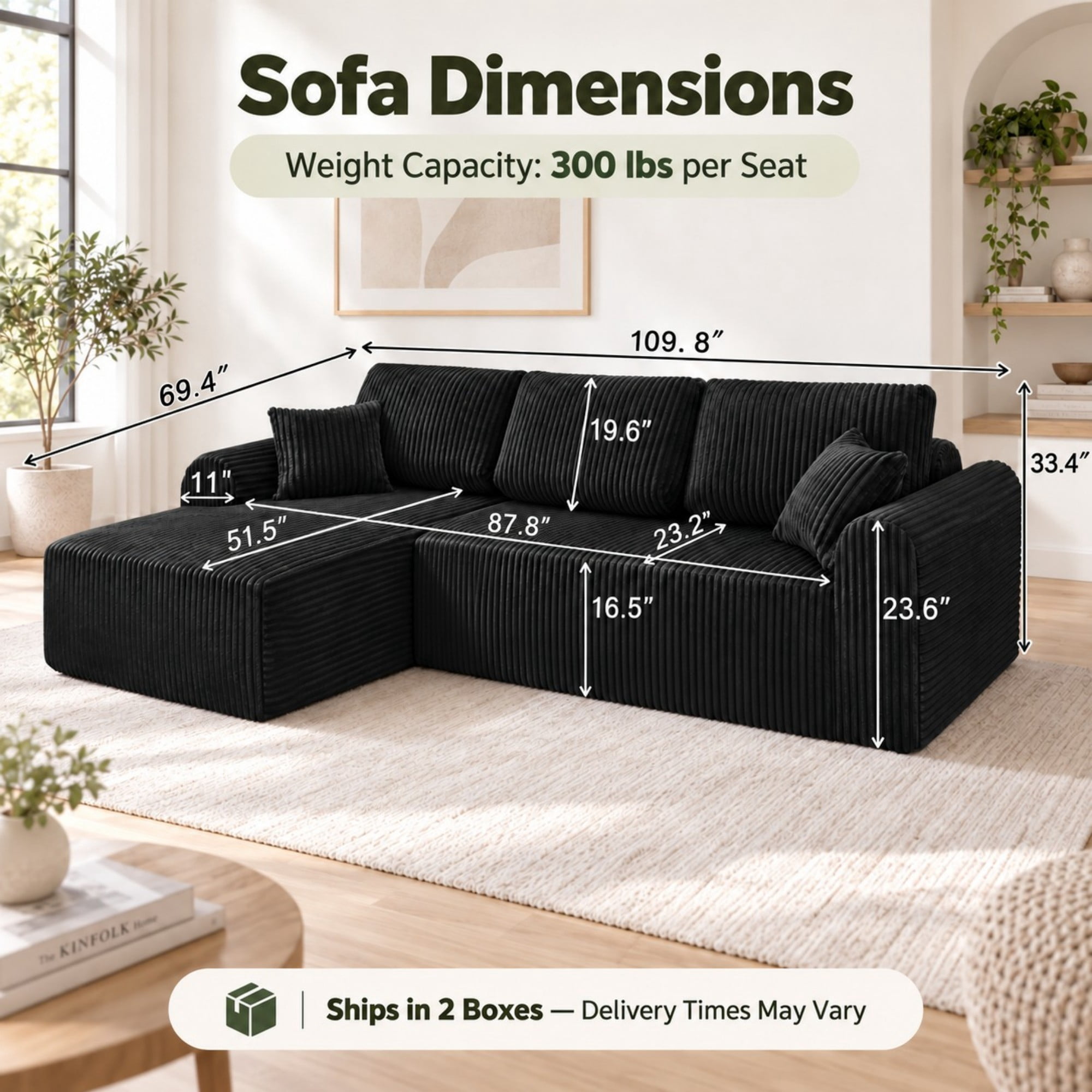 DEALTOPS 109" Corduroy L-Shape Floor Cloud Couch, Deep Seat Modular Sectional Sofa, Left Chaise, Black