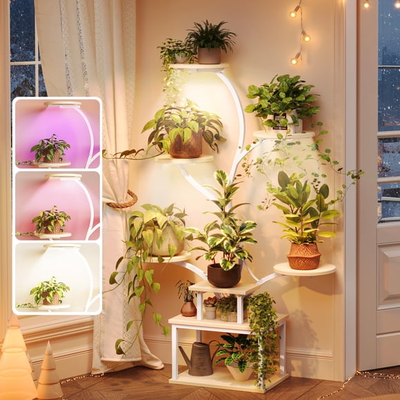 Soporte para plantas PRAISUN de 130 cm con luces de cultivo de roble de 8 niveles