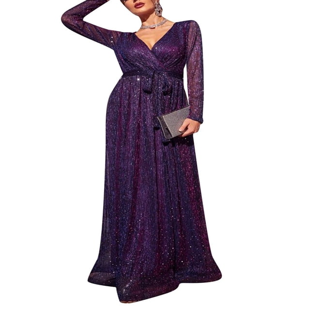 POINTERTECK Robe à Sequins pour Femmes Manches Longues Col en V Profond Robe de Soirée Robe de Bal Fluide Maxi Longue Robe