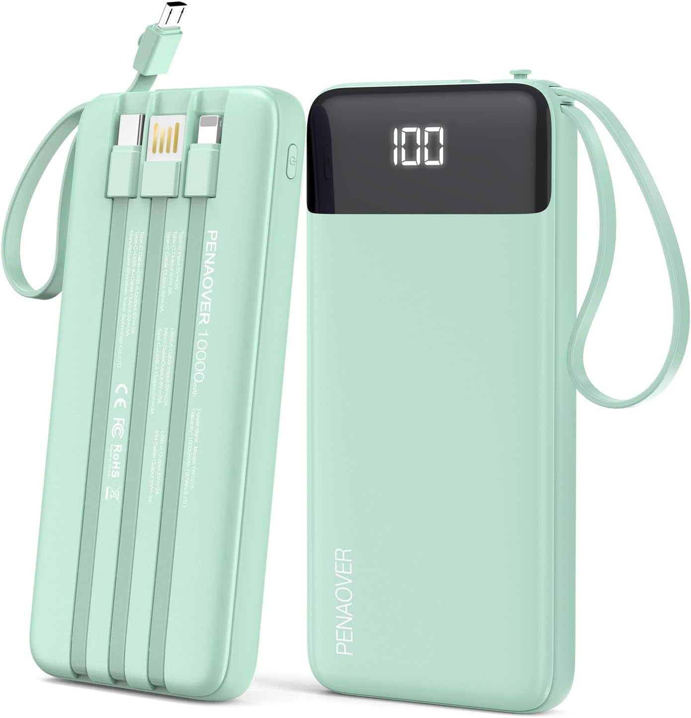 MHAWBL-Portable Charger 10000mAh Power Bank with Built-in Cable, 5 Output 2 Input Travel Essential External Battery Pack with LED Display Compatible with iPhone 17/16/15/14 Samsung Android, etc