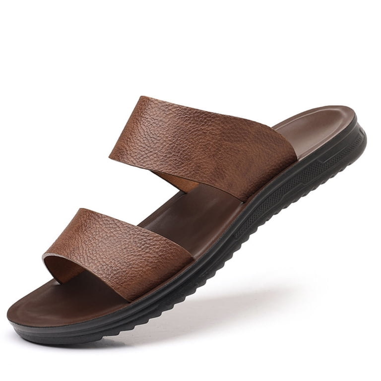 Men’s Brown Leather Slide Sandals Casual Comfort Open Toe Slip On Slippers Men main image 2