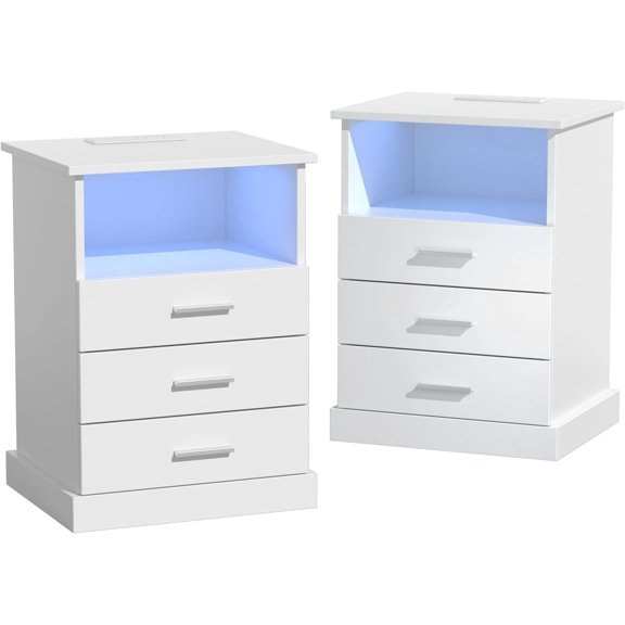Veanerwood 23.6"H Nightstand Set of 2 with Charging Station and Lights White  Modern Side Table for Bedroom Living Room