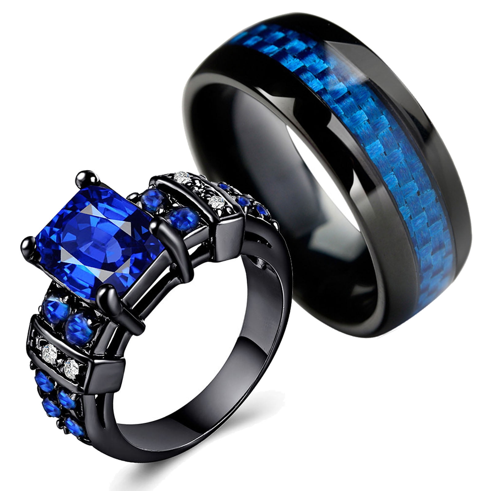 Couple Rings Blue Cz Black Plated Tungsten Ring Mens Ring Womens Wedding Ring 