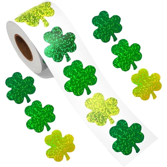 Yippzo 500Pcs St. Patrick's Day Stickers Roll, Shamrock Stickers for St Patricks Day Decorations, Self-Adhesive Laser Seal Labels Decor for Envelope Cards Gift Bags