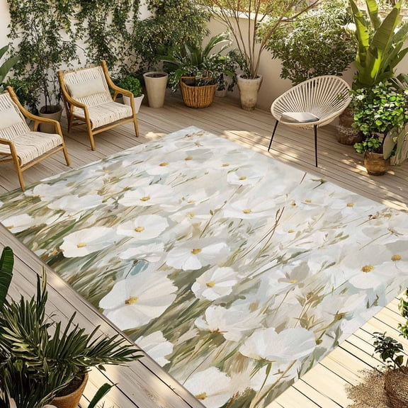 Fsddascl Floral Flower Outdoor Rug for Patio/Deck/Porch, Non-Slip Large Area Rug 4 x 6 Ft, Modern Oil Painting Watercolor White Indoor Outdoor Rugs Washable Area Rugs, Reversible Camping Rug Carpet
