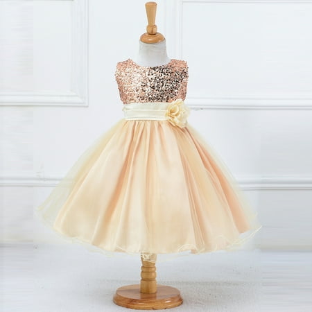 

THE WILD Girls Dresses Elegant Tulle Tiered Flower Solid Color O-Neck Sleeveless Midi Prom Dress Beige