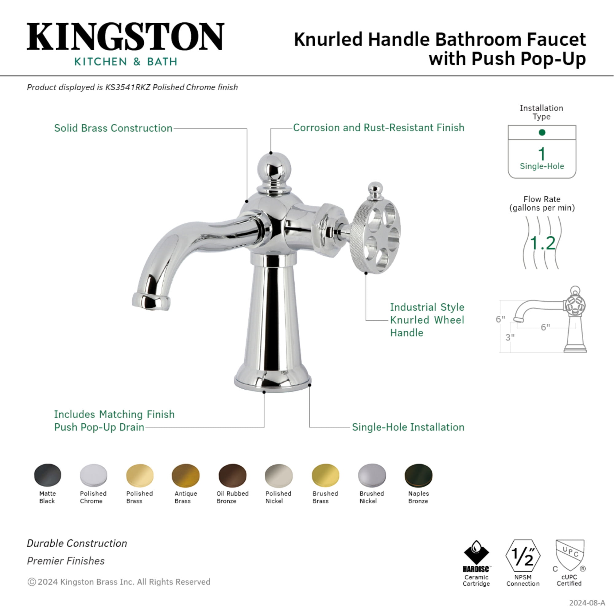 Kingston Brass KS3540RKZ Wendell One-Handle Single-Hole Bathroom Faucet with Knurled Handle and Push Pop-Up Drain, Matte Black