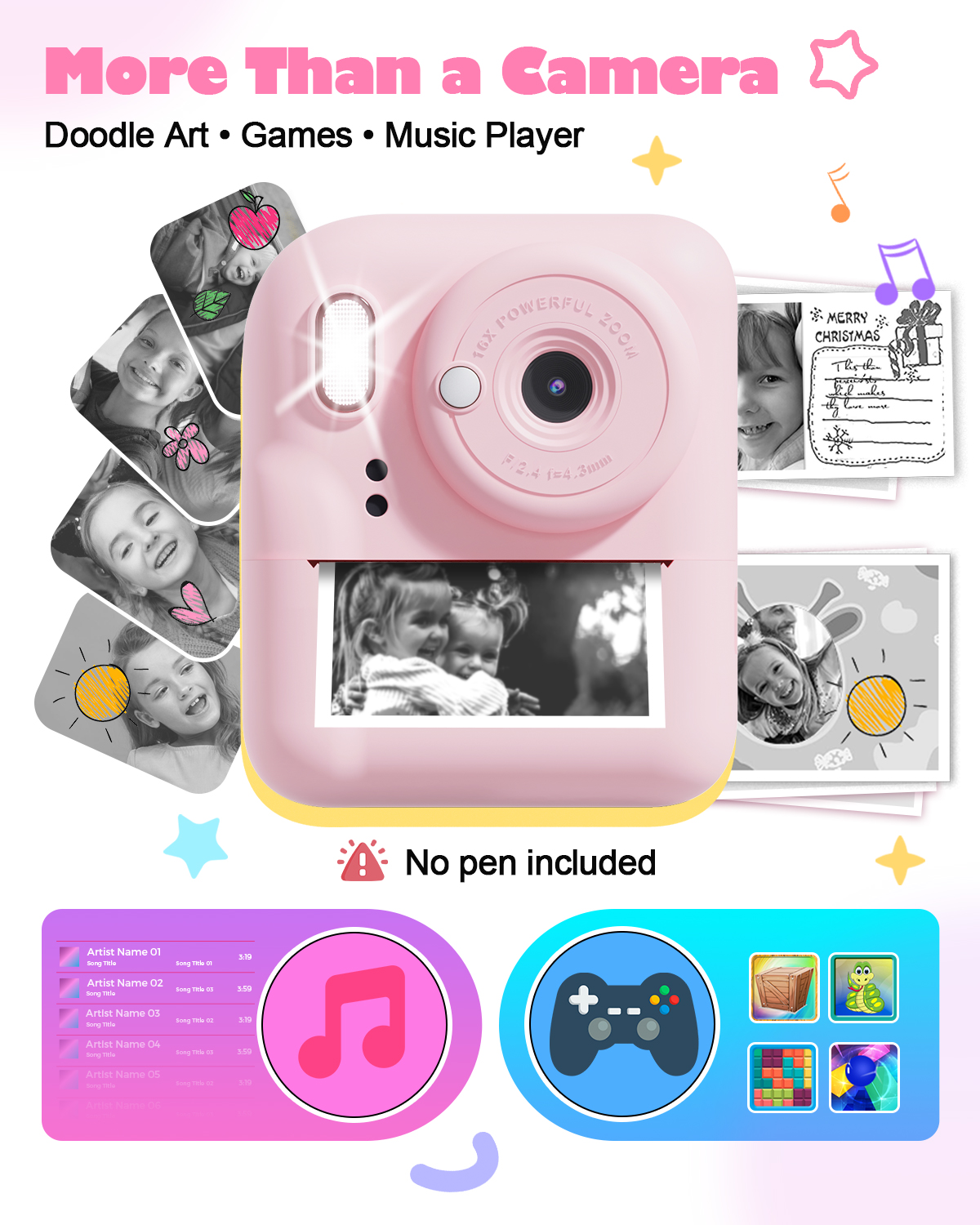 Seckton Dual-Lens Kids Instant Print Camera 1080P Pink photo 3