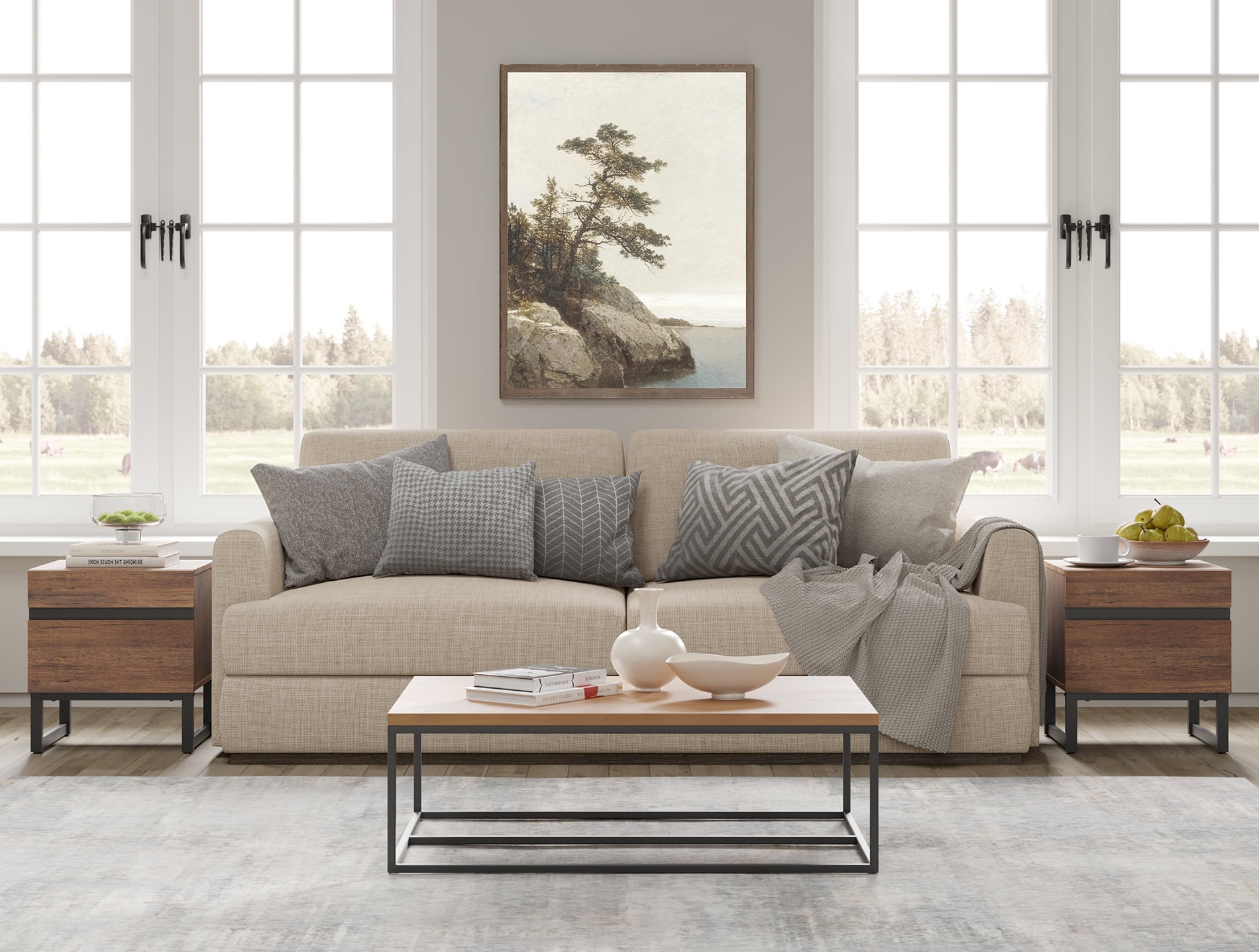 3-Piece Living Room Table Set, Modern Square Coffee Table with Tempered Glass Top, 2 End Tables with 4 Drawers & Black Iron Legs, Walnut Wood Grain，Brown