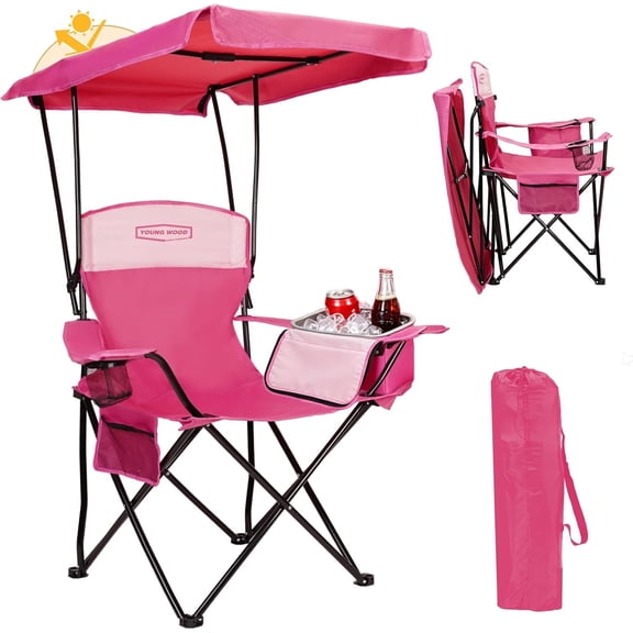Camping Chair with Adjustable Canopy and Side Pocket, Portable Lightweight Oversized Design, Pink, 1-Person