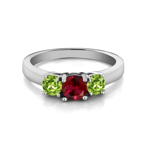 Gem Stone King 1.20 Ct Round Red Created Ruby Green Peridot 925 Sterling Silver 3-Stone Ring