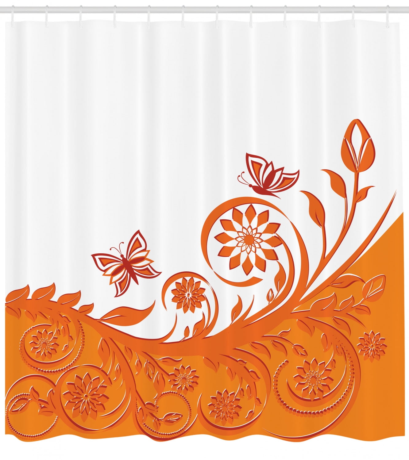 Orange Shower Curtain, Artistic Rose Branch Motif with Floral Swirls in