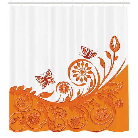 Orange Shower Curtain Artistic Rose Branch Motif With Floral