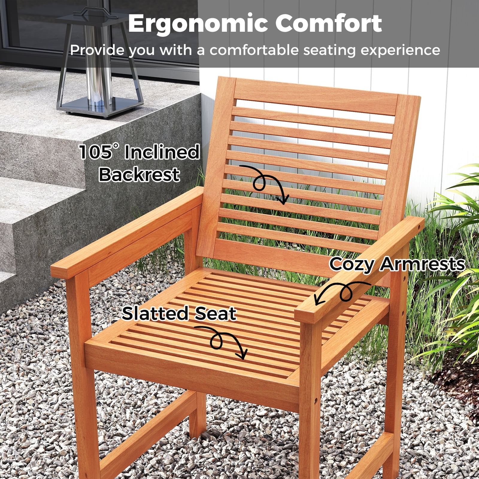 Gymax Patio Chairs Set of 2 Outdoor Wooden Dining Chairs w/ Inclined Backrests