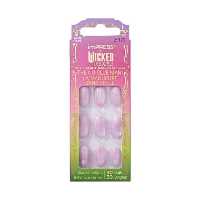 Kiss Impress Ongles - Wicked - Ça Ne Devrait Pas Être Plus Rose? - Courts - Violets - 30 Ongles, un Ensemble de 30 Ongles Violets Courts à Presser avec une Finition Pailletée et un Effet Phosphorescent, avec Adhésif Sans Colle pour une application Facile, Emballés dans une Boîte Décorative avec accents Dorés et Texte Bilingue Anglais-Français, Convenant aux Manucures Rapides et au Nail art.