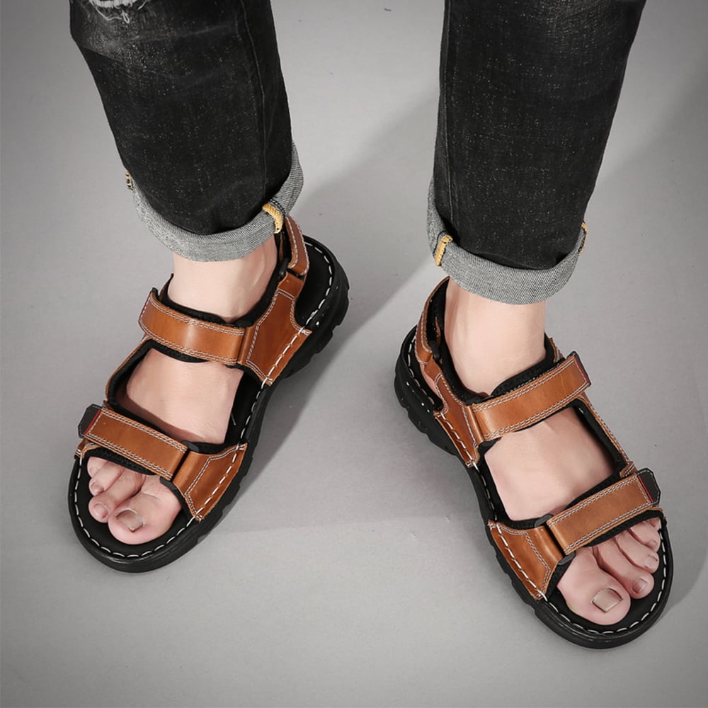 Lopise men's summer sandals leather casual beach sandals non slip folding resistance brown sandals US size 11