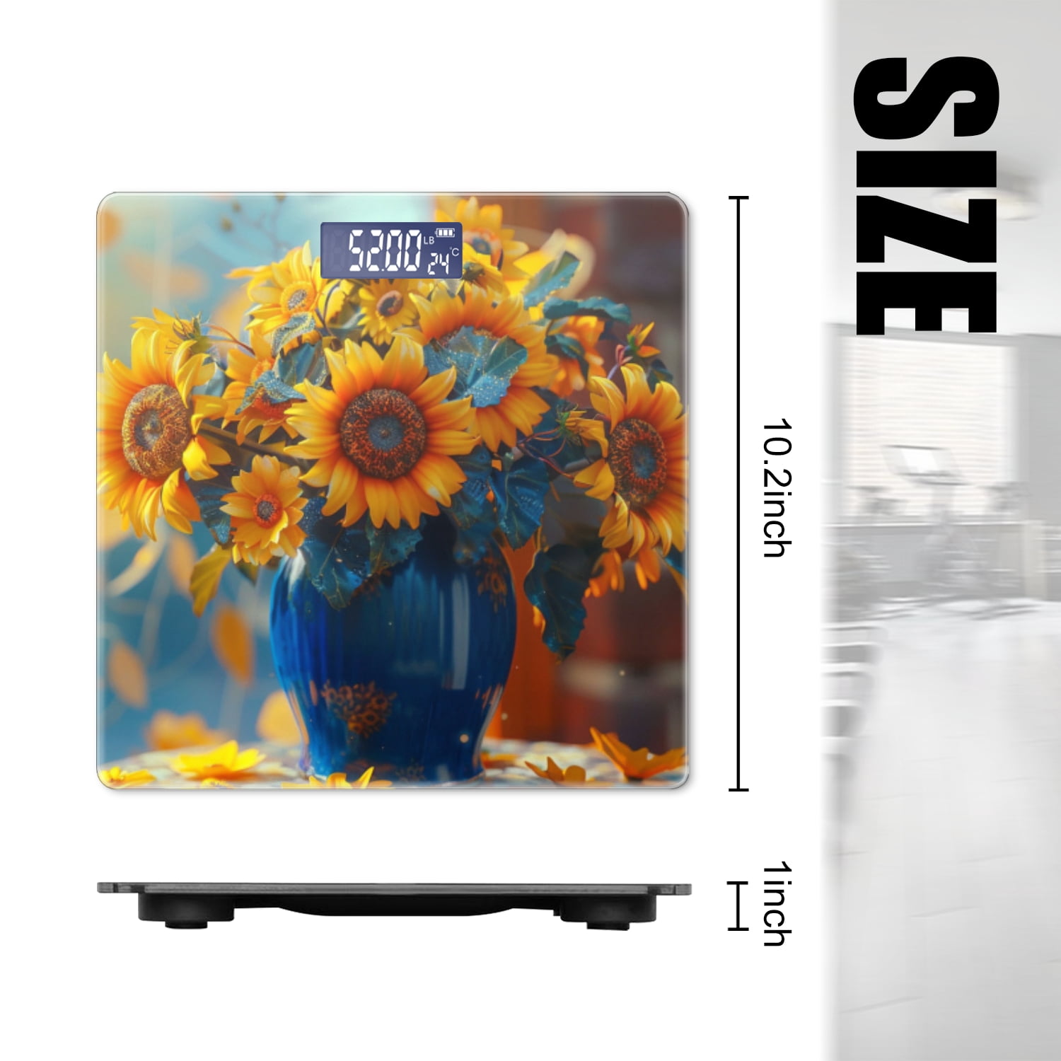 High Precision Body Weight Scale Smart Bathroom Scales with Large LCD Display(400lbs),Decorative for Bedroom-Blue Vase With Yellow Sunflowers