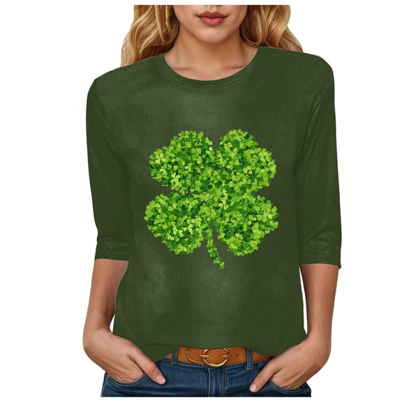 felwors Womens 3/4 Sleeve St. Patrick's Day T-Shirts Crew Neck Spring Graphic Tee Tops (Green, XXL)