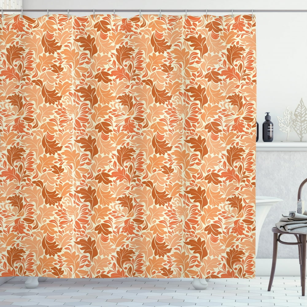 Vintage Autumn Shower Curtain, Depiction of Repetitive Curved Leaves
