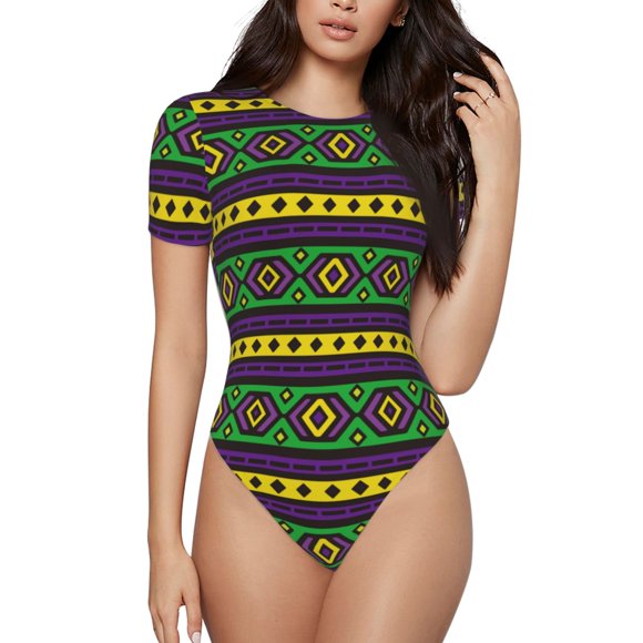 Cauagu Carnival Mardi Gras Women's Crew Neck Round Short Sleeve T Shirts Tops Bodysuit Daily Jumpsuit-Small