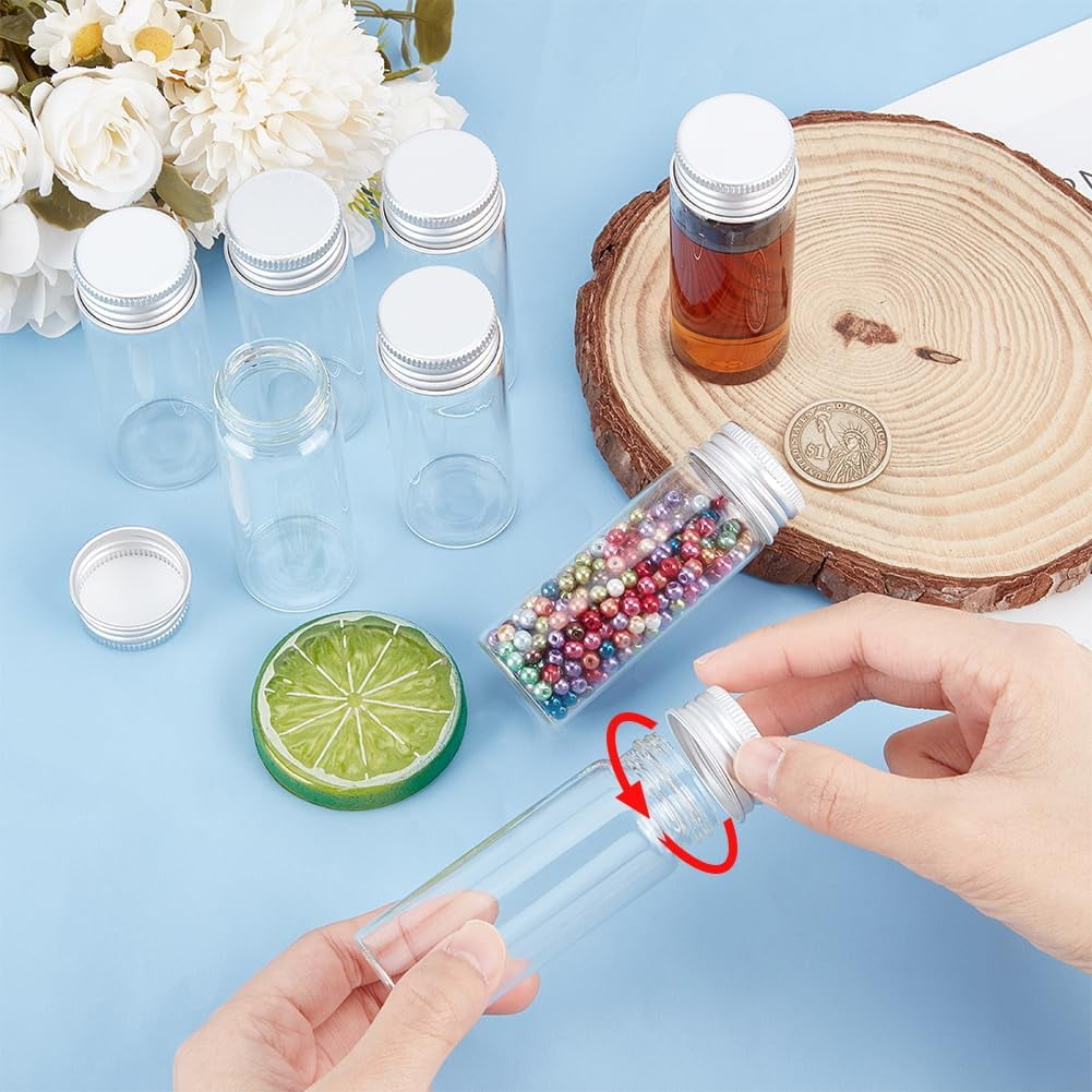 1Box 20Pcs Glass Bead Containers with Aluminum Cap Silver 8.1x3cm Capacity: 40ml(1.35fl. oz)