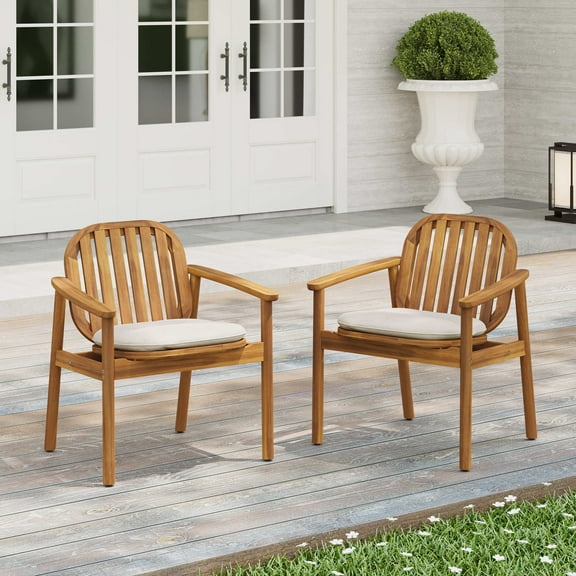 Christopher Knight Home Outdoor Wood Dining Armchair with Cushion, Curved Armrests, Teak Beige, Set of 2