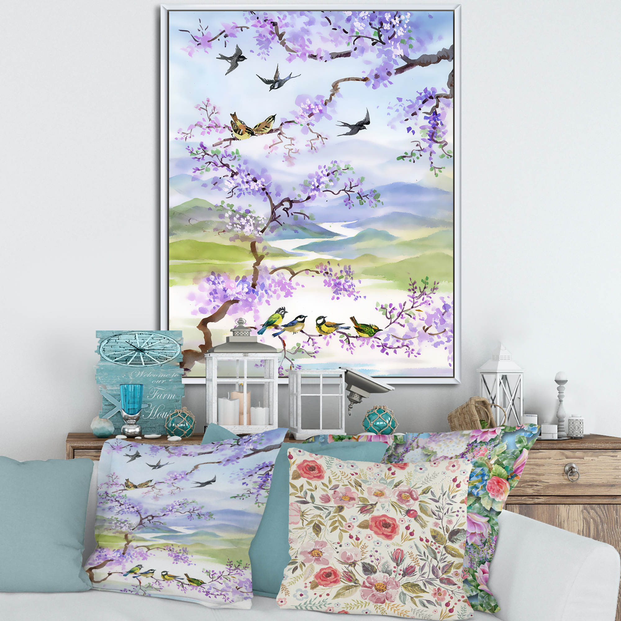 Designart 'Birds Sitting On Cherry Branch' Traditional Framed Canvas Wall Art Print