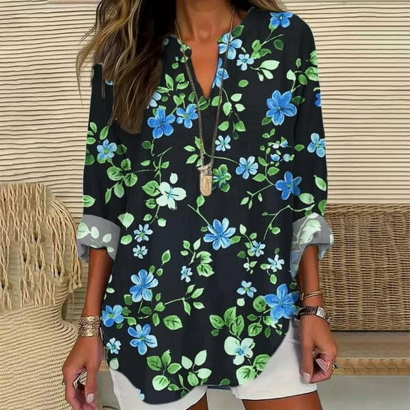 AKEGAMN Long Sleeve Floral V Neck Plus Size Boho Tunic Tops, Black S-3XL