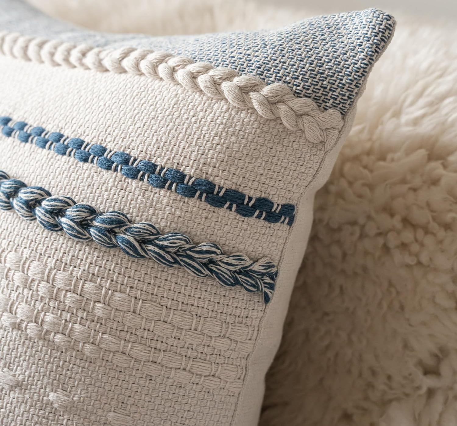 Boho Style Throw Pillow Covers Set of 2 18x18 Inch Textured Blue Couch Accent Cushion Covers