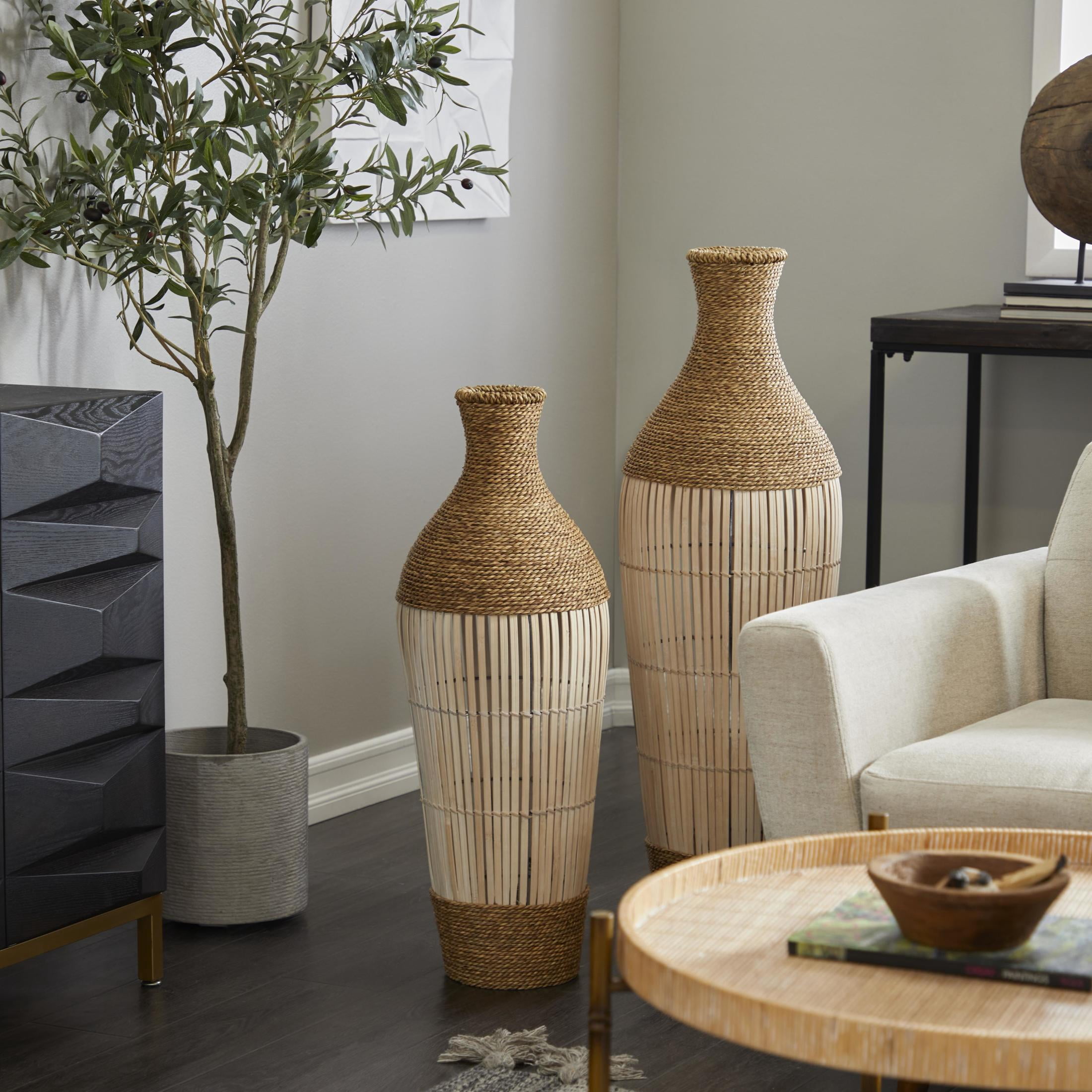 DecMode Seagrass/Bamboo Bohemian Round Tapered Decorative Vase 11"W x 32"H, with Coiled Brown Woven Rope and White Bamboo Slats