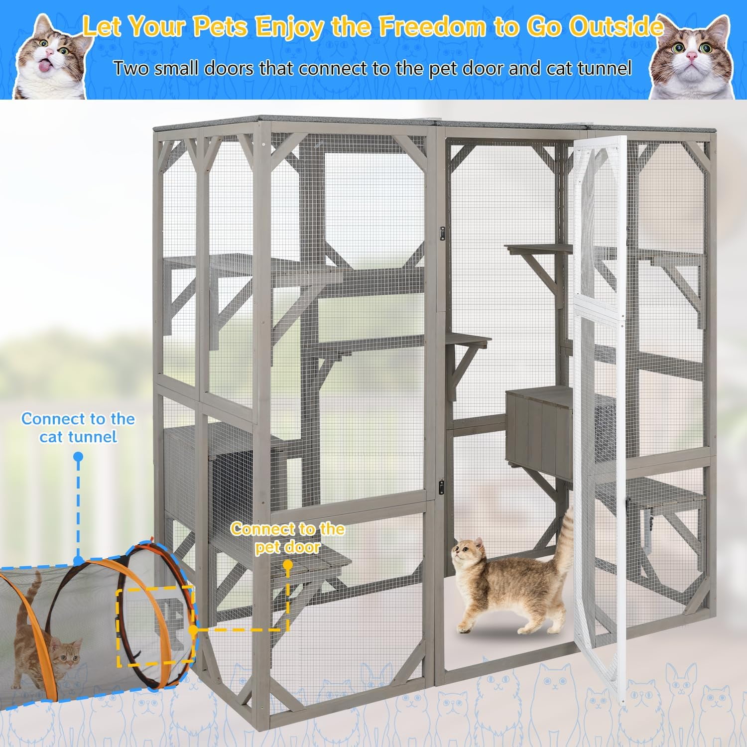 PETSCOSSET 71" Catio Outdoor Cat Enclosure Large Wooden Cat House with 5 Platforms for Multiple Cats