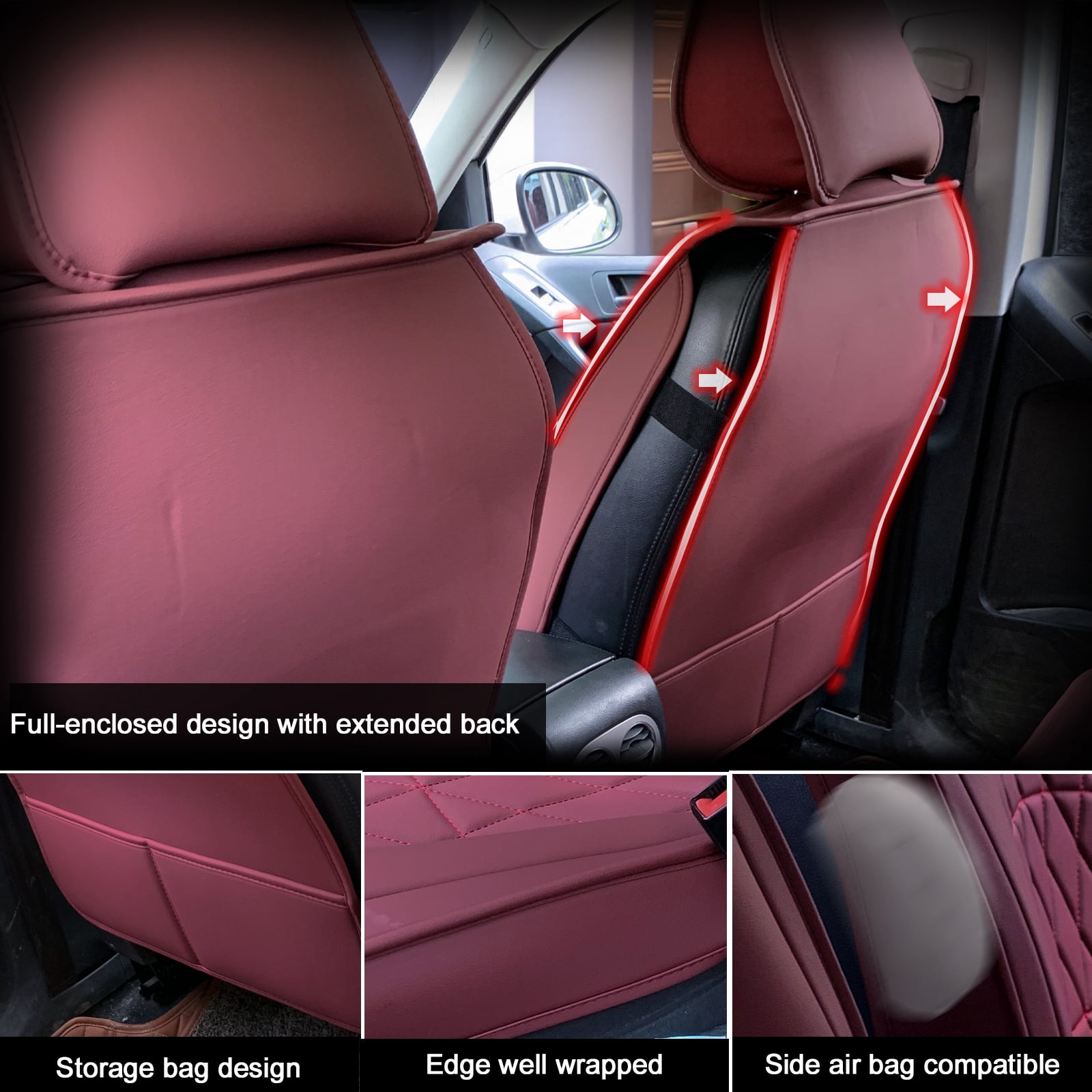 Ikon Motorsports Universal Car Seat Covers 04 Style Red PU Leather Front Second Row Auto Seat Cover Cushion Protectors 5-Seat Full Set