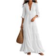 thumbnail image 3 of HVOBTTY Womens Maxi Dress Deep V Neck Ruffle 3/4 Sleeve red Solid Color Long Romantic, 3 of 5