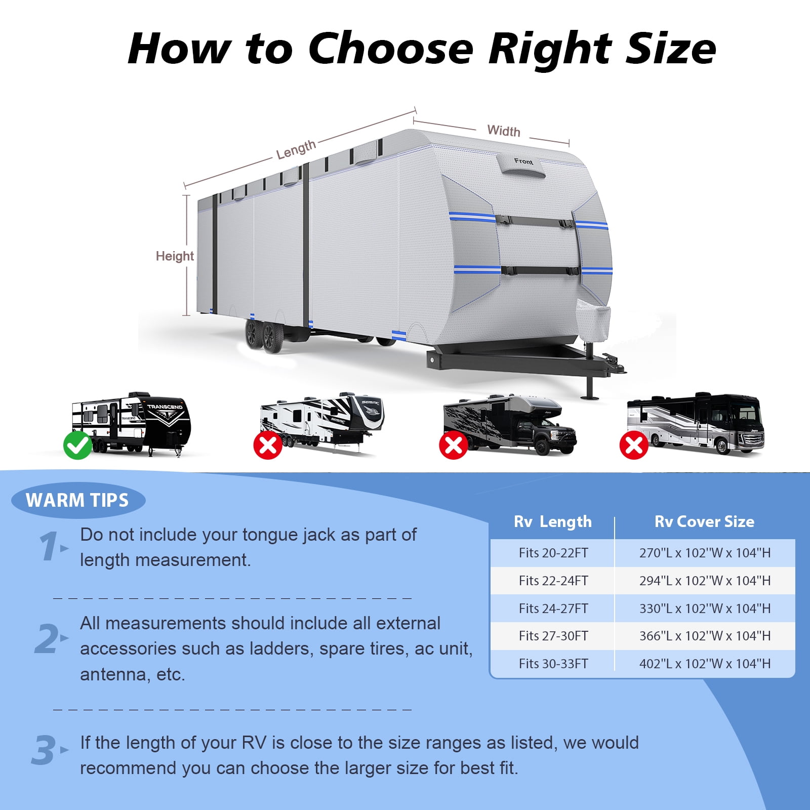 RIVERGRIT Travel Trailer RV Cover, Camper Cover Upgraded 7 Layers 20-22FT, RV Accessories for Windproof Waterproof with 2Pcs Extra Straps & 4 Tire Covers,Blue