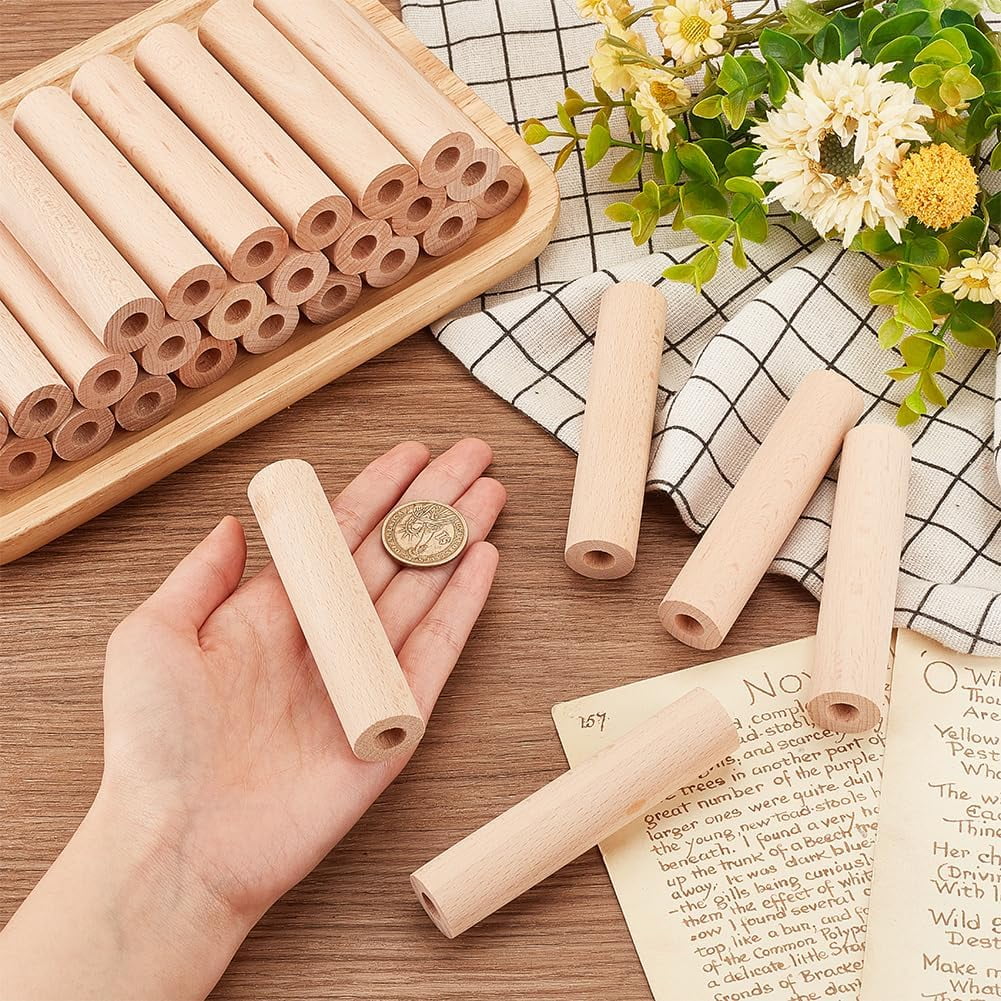 30Pcs 4x0.9 Inch Hollow Wood Sticks Round Wooden Dowel Rod with 0.4 Inch Hole Unfinished Beech Wood Rods Natural Wood Round Rods for DIY Crafts Arts Projects