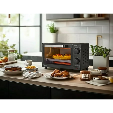 Mainstays 4-Slice Countertop Toaster Oven with 3 Settings, Includes Baking Rack and Pan, Black, New