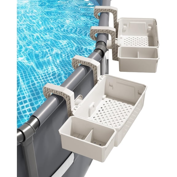 2 Sets of Poolside Storage Baskets with Cup Holders - Perfect for 3-Inch or Smaller Top Rails - Above Ground Pool Accessories - Fit for Most Above Ground Pool(Beige)
