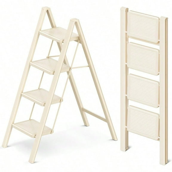 4 Step Ladder Folding Step Stool with Wide AntiSlip Pedal 330LBS Capacity Lightweight Portable Stepladder for Home and Kitchen Use Cream White