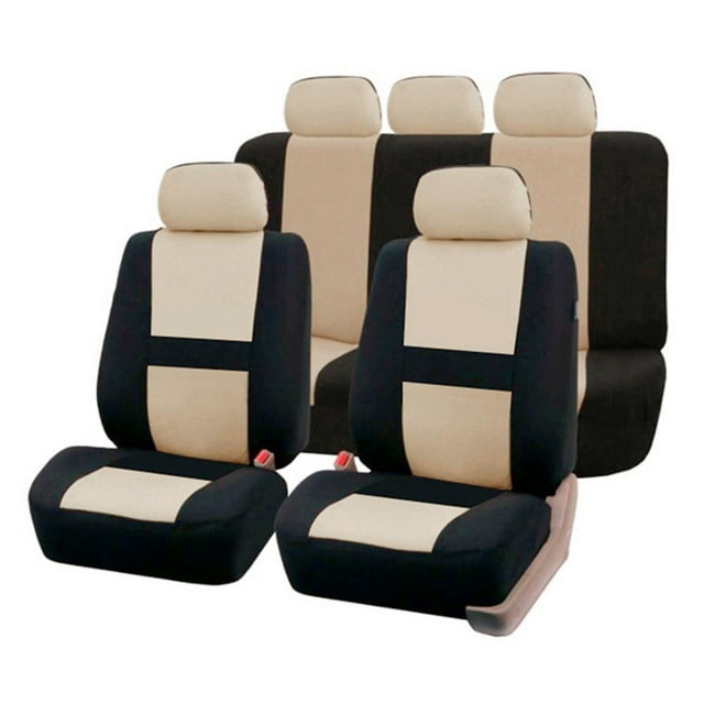 Tignapoo Universal 9-Piece Car Seat Cover Set for All Seasons - Available in Two Beige Styles, Durable Cotton Material, Easy to Install, Breathable and Comfortable for Year-Round Use