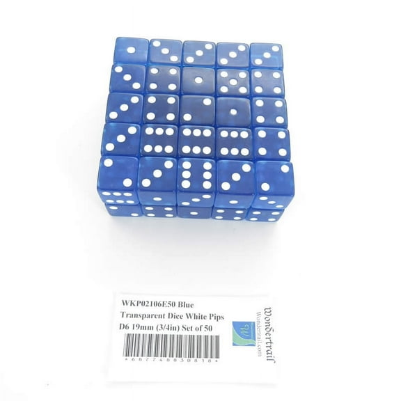 Blue Transparent Dice with White Pips Square Corners D6 19mm (3/4in) Set of 50 Wondertrail