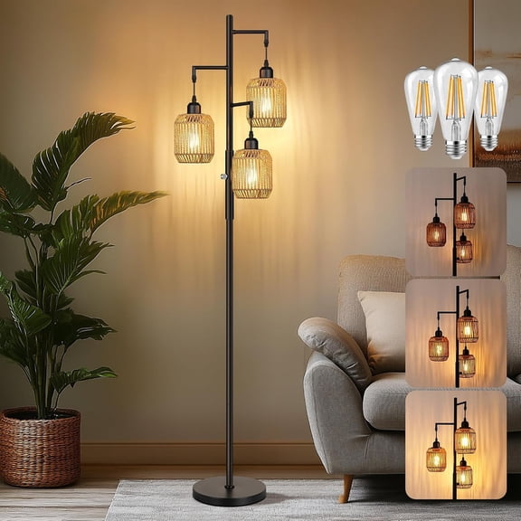 Dimmable Boho Floor Lamp - 3 Light Farmhouse Rattan Floor Lamp for Living Room, Industrial Tree Floor Lamps with 3 X 6W LED Bulbs, Rustic Standing Tall Lamp for Bedroom, Office, 68", Black