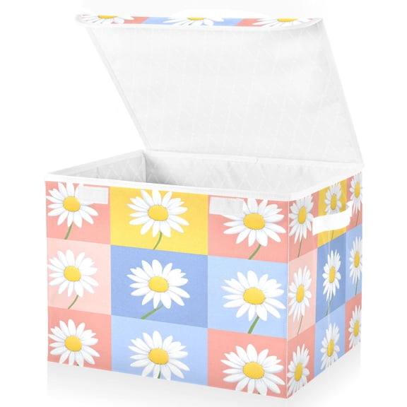 Yayeee Collapsible Cube Storage Bin with Lid Fabric Closet Decorative Basket with Handles, Light Blue Daisy