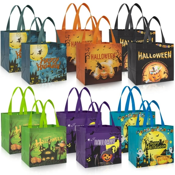 Zsiparty 12 Pcs Halloween Trick or Treat Bags with Handles, Gift Bags & Party Favor Bags for Kids, Non-Woven Reusable Bags for Halloween Gifts, 8.27 x 5.91 x 7.87 inches