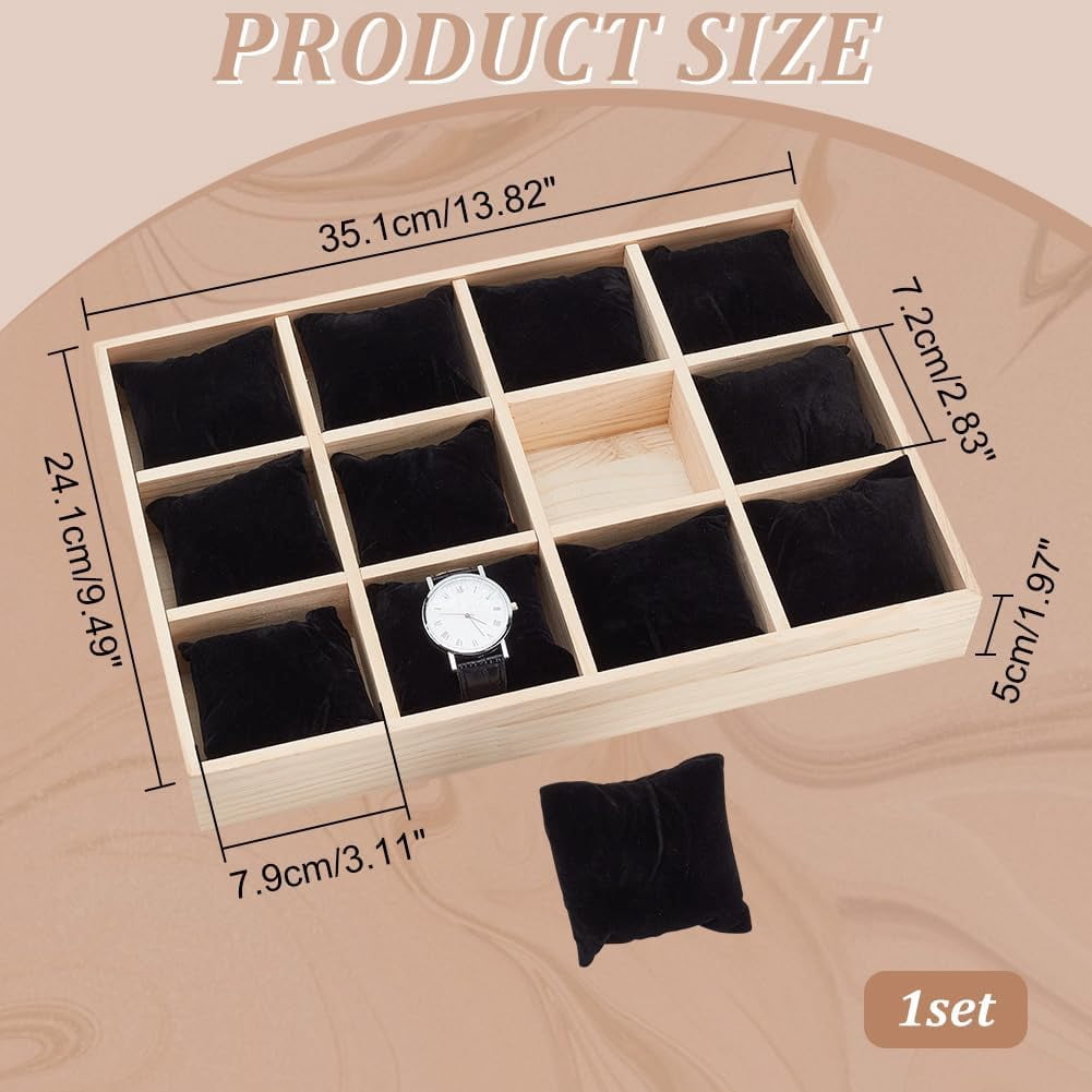 12 Slot Wooden Watch Organizer Tray Display Holder with Removable Velvet Pillows Stackable Jewelry Bracelet Storage Tray for Drawer Showcase Black diy
