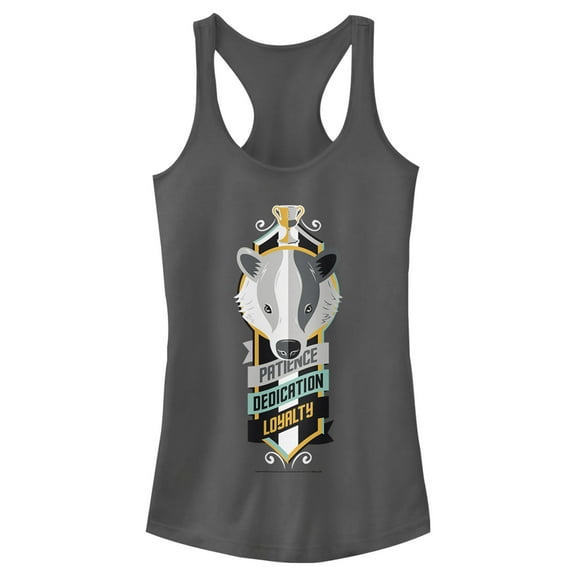 Junior's Harry Potter Hufflepuff Patience Dedication Loyalty Racerback Tank Top Charcoal Small