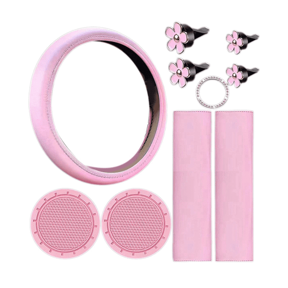 10 Pcs Steering Wheel Cover for Women Cute Car Accessories Set with Seat Belt Shoulder Pads Cup Holders Pink