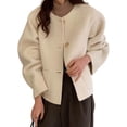 thumbnail image 5 of Fall Winter Women Jacket Crew Neck Single-breasted with Side Pockets Loose Short Type Woolen Jacket Shopping Commuting Daily Coat, 5 of 8